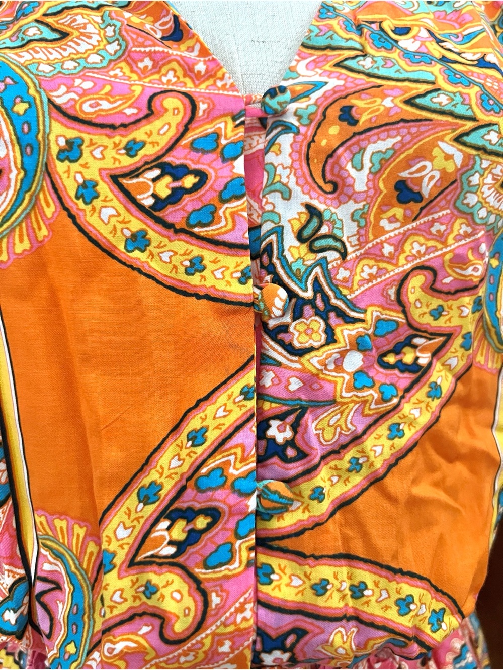 KARLIE Pink Orange Paisley Smocked Waist Ruffle Mini Dress Pockets Size Medium - Picture 3 of 12
